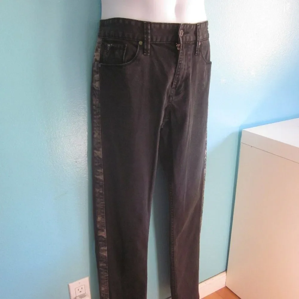 Guess Jeans Unisex Slim Black Denim Mens Size 32 Camo Stripe Detail 31